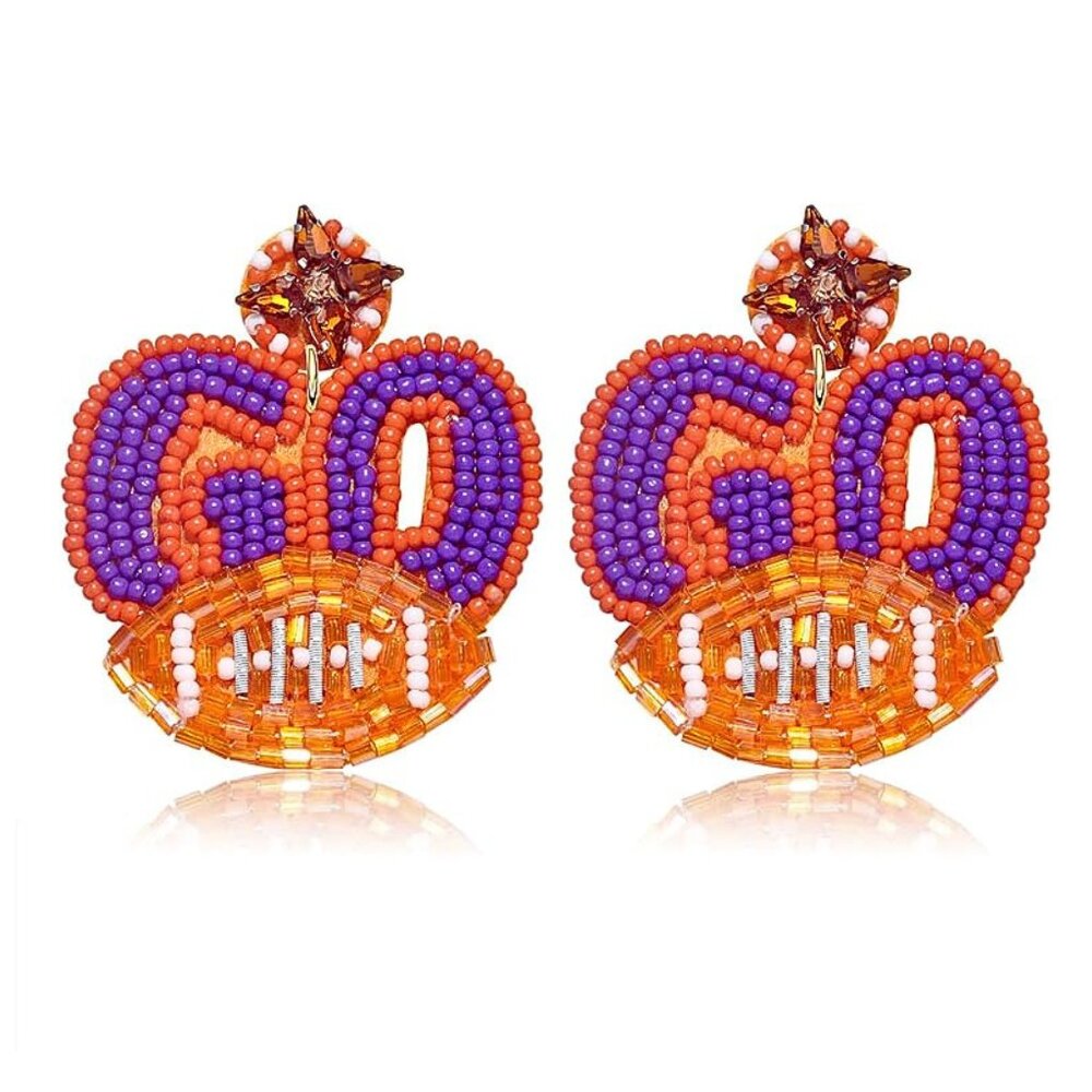 Clemson Tigers Go Team Football Seed Beaded Earrings In Orange & Purple
